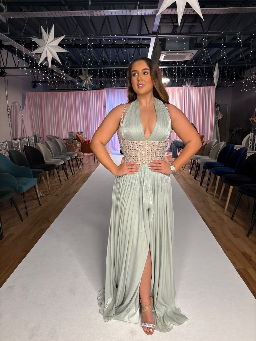 Gwenaelle Green Rhinestone Panel Maxi Dress