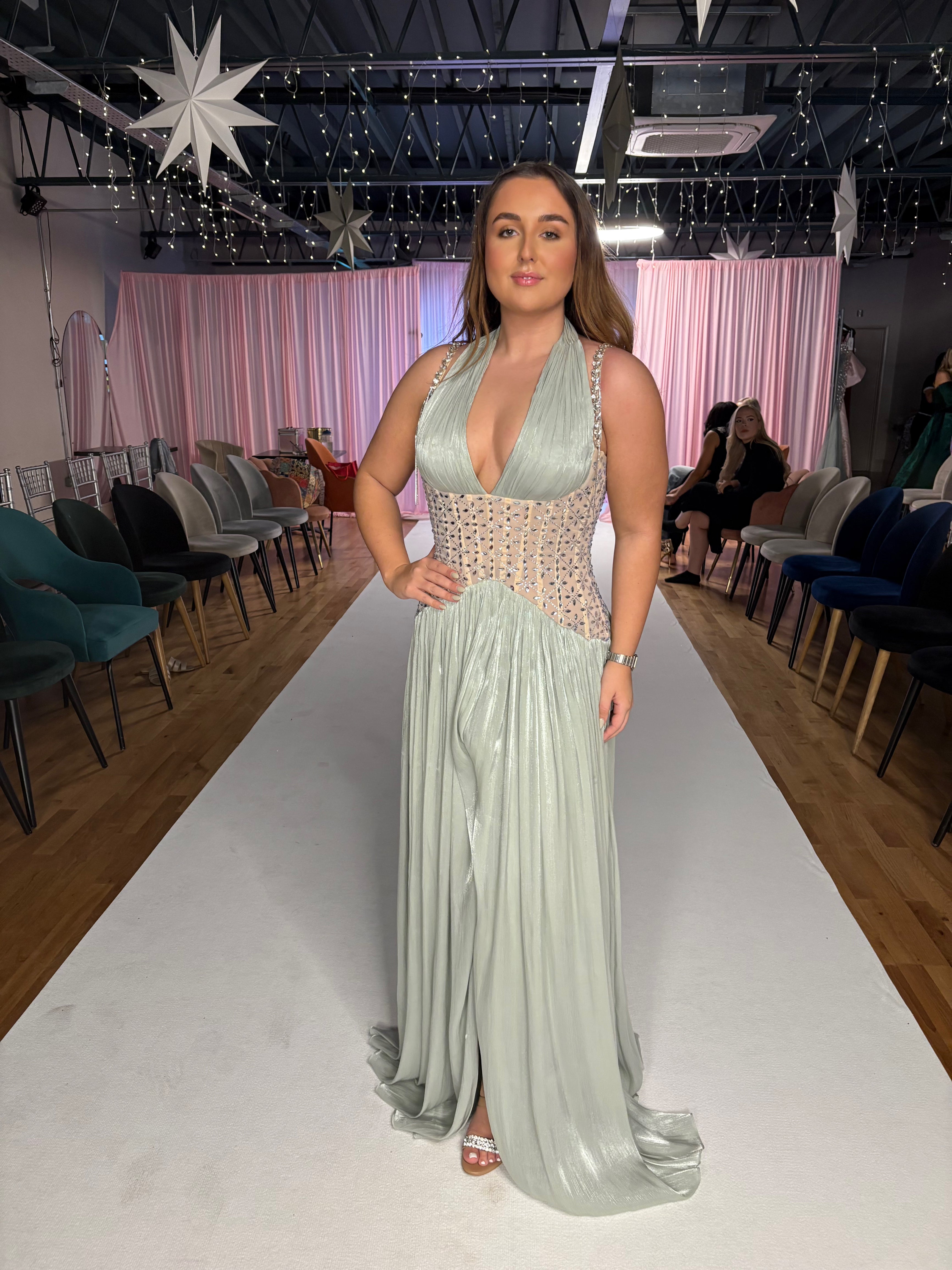 Gwenaelle Green Rhinestone Panel Maxi Dress