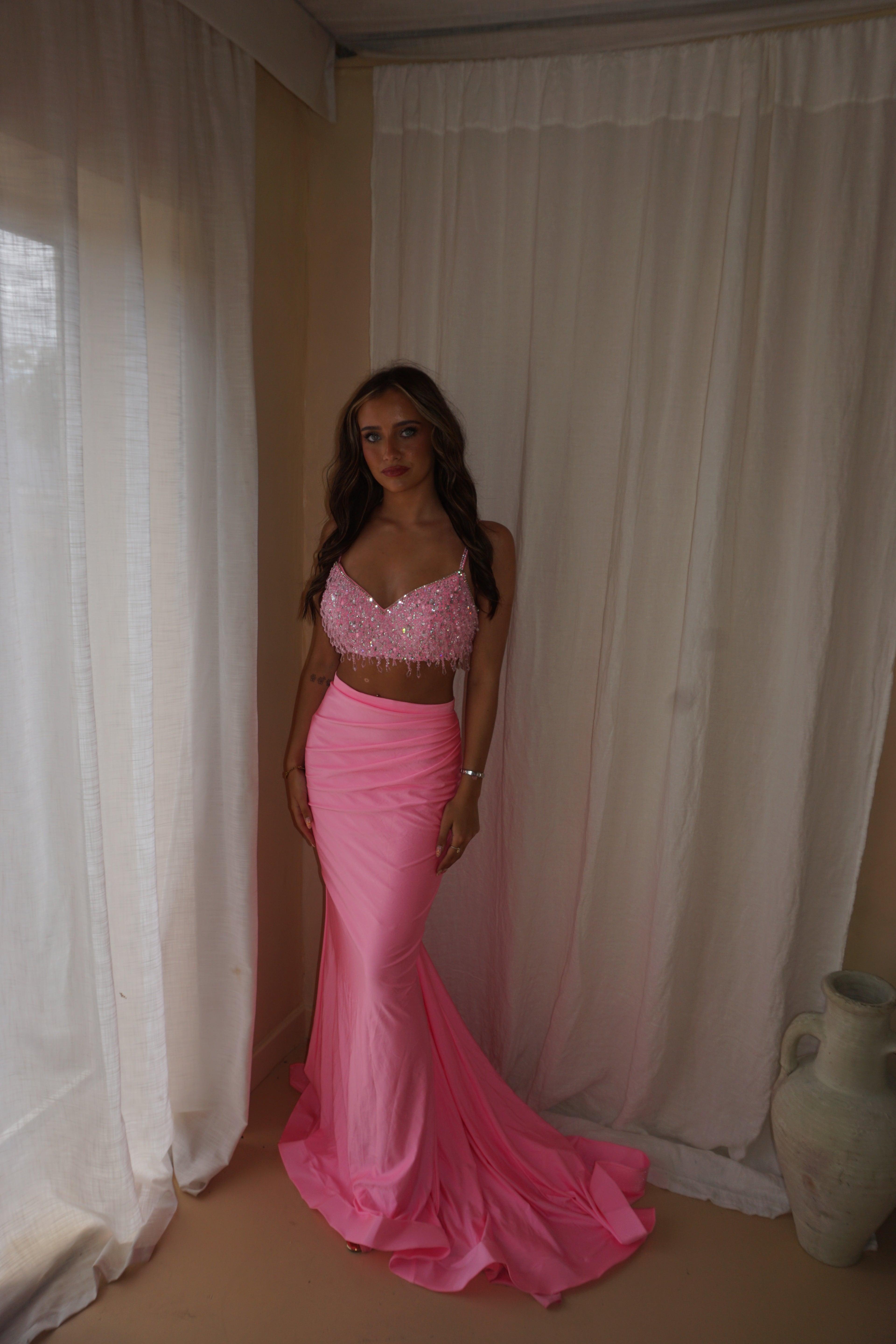 Ashley Lauren Pink 2 Piece Beaded Gown US4/UK8
