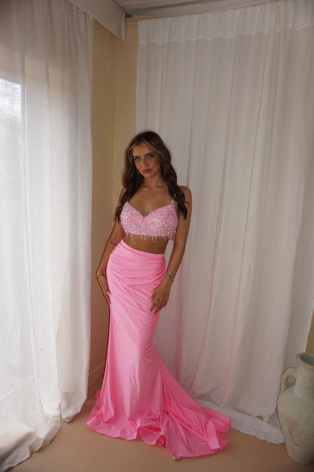Ashley Lauren Pink 2 Piece Beaded Gown US4/UK8