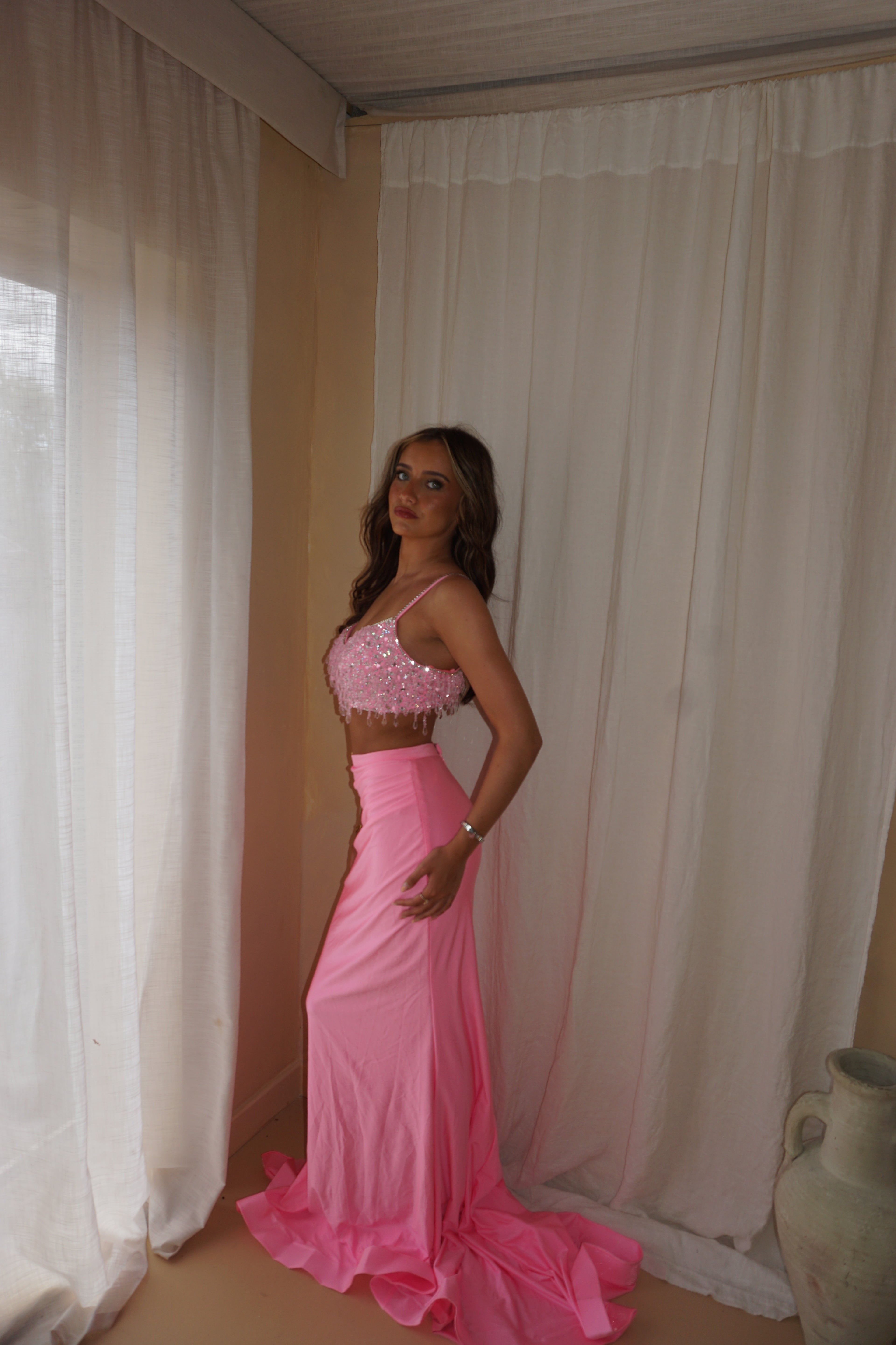Ashley Lauren Pink 2 Piece Beaded Gown US4/UK8