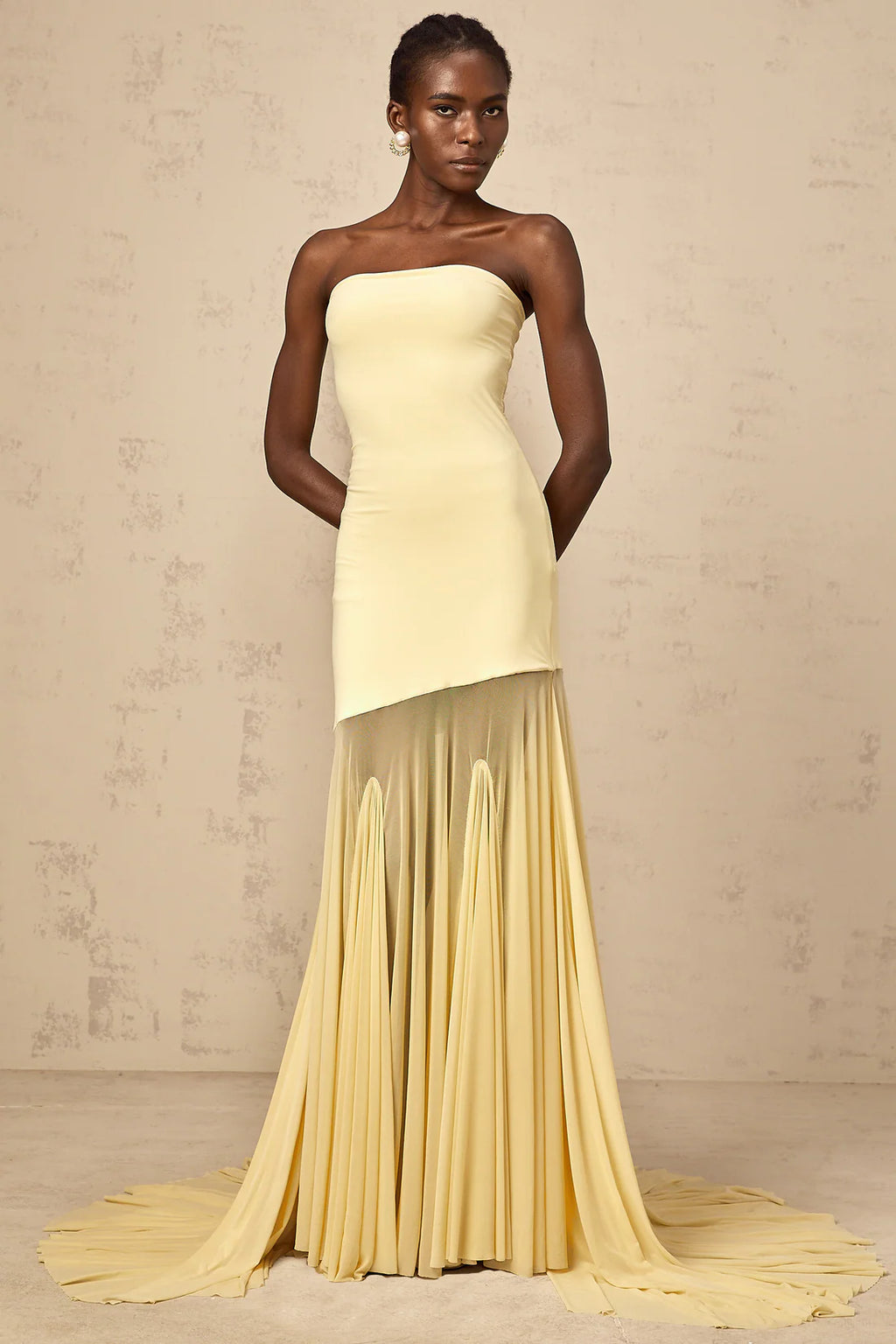 Josiane Yellow Off-Shoulder Sheer tulle maxi dress