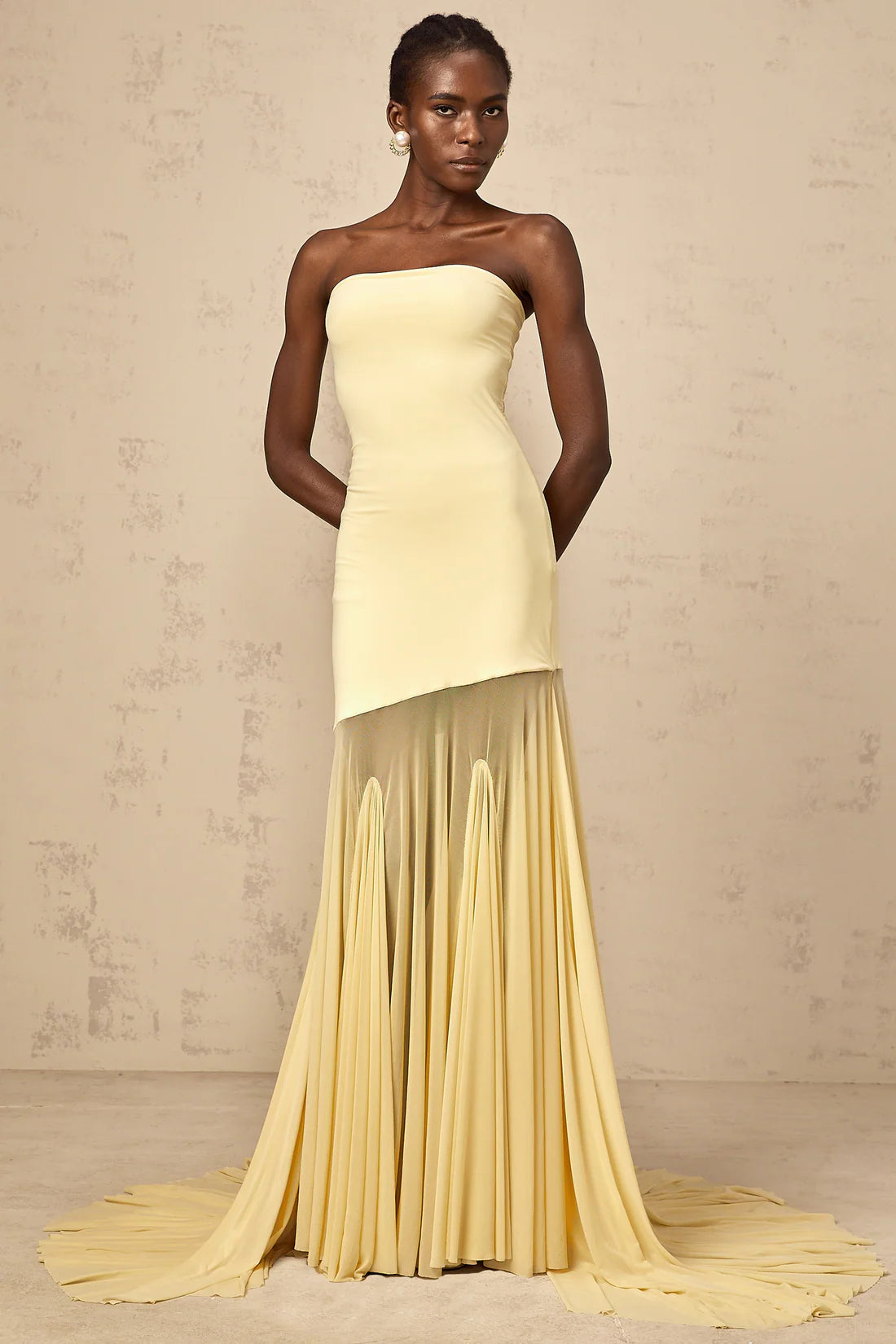 Josiane Yellow Off-Shoulder Sheer tulle maxi dress