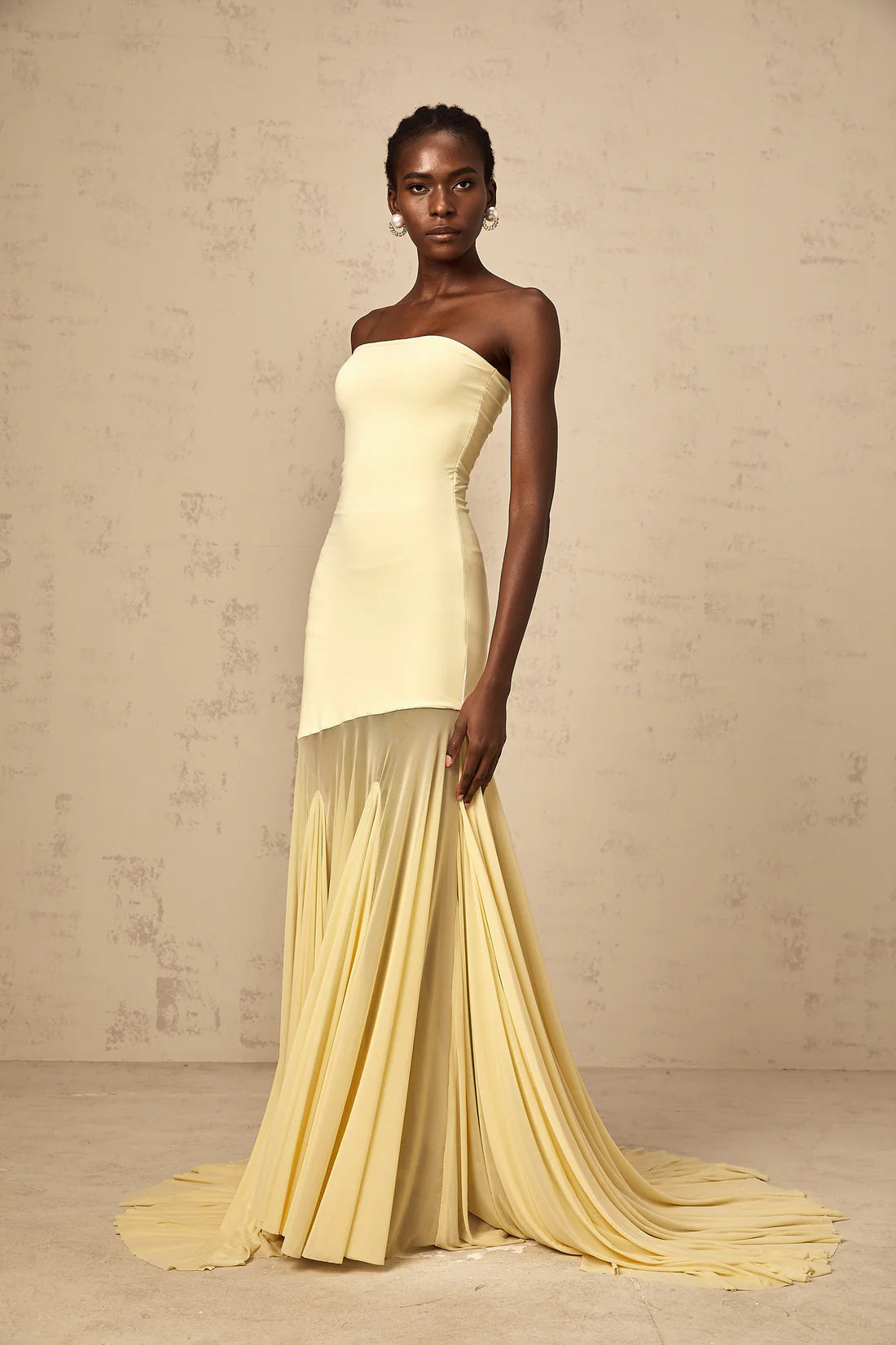 Josiane Yellow Off-Shoulder Sheer tulle maxi dress