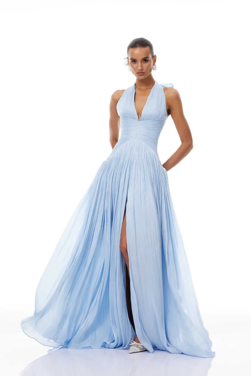 Terebenthine Blue Glossy Gathered Maxi Dress