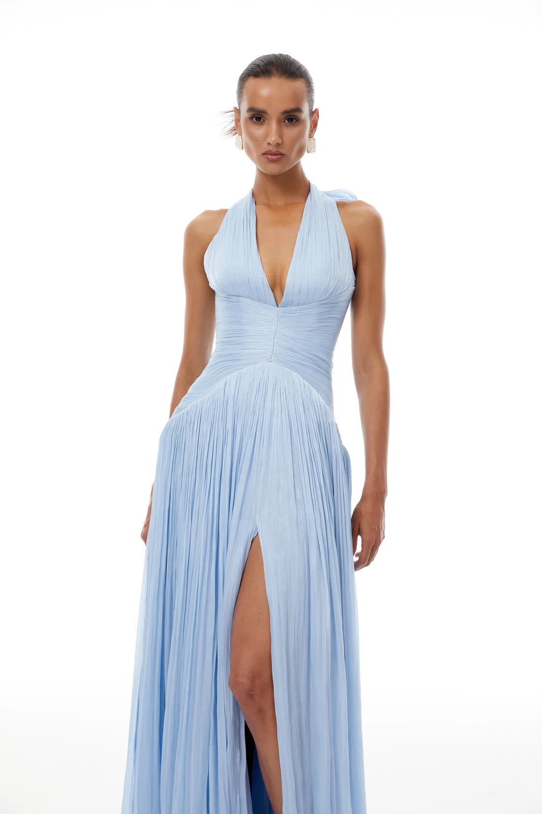 Terebenthine Blue Glossy Gathered Maxi Dress