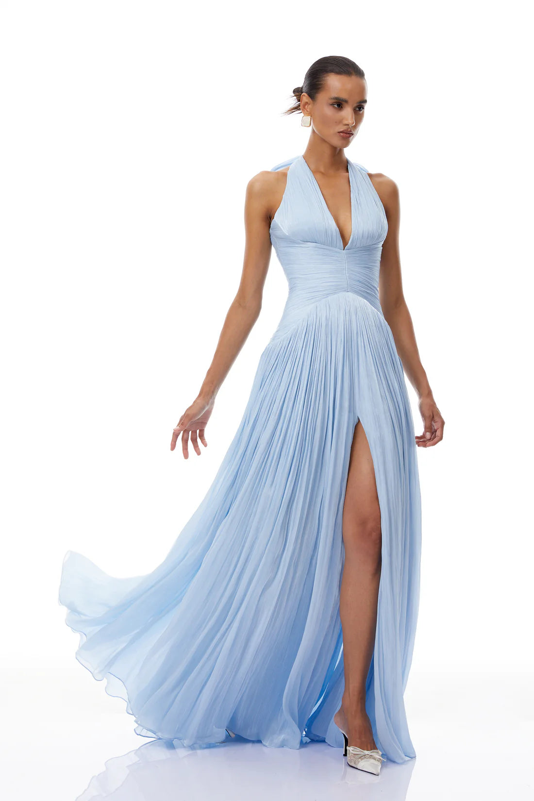 Terebenthine Blue Glossy Gathered Maxi Dress