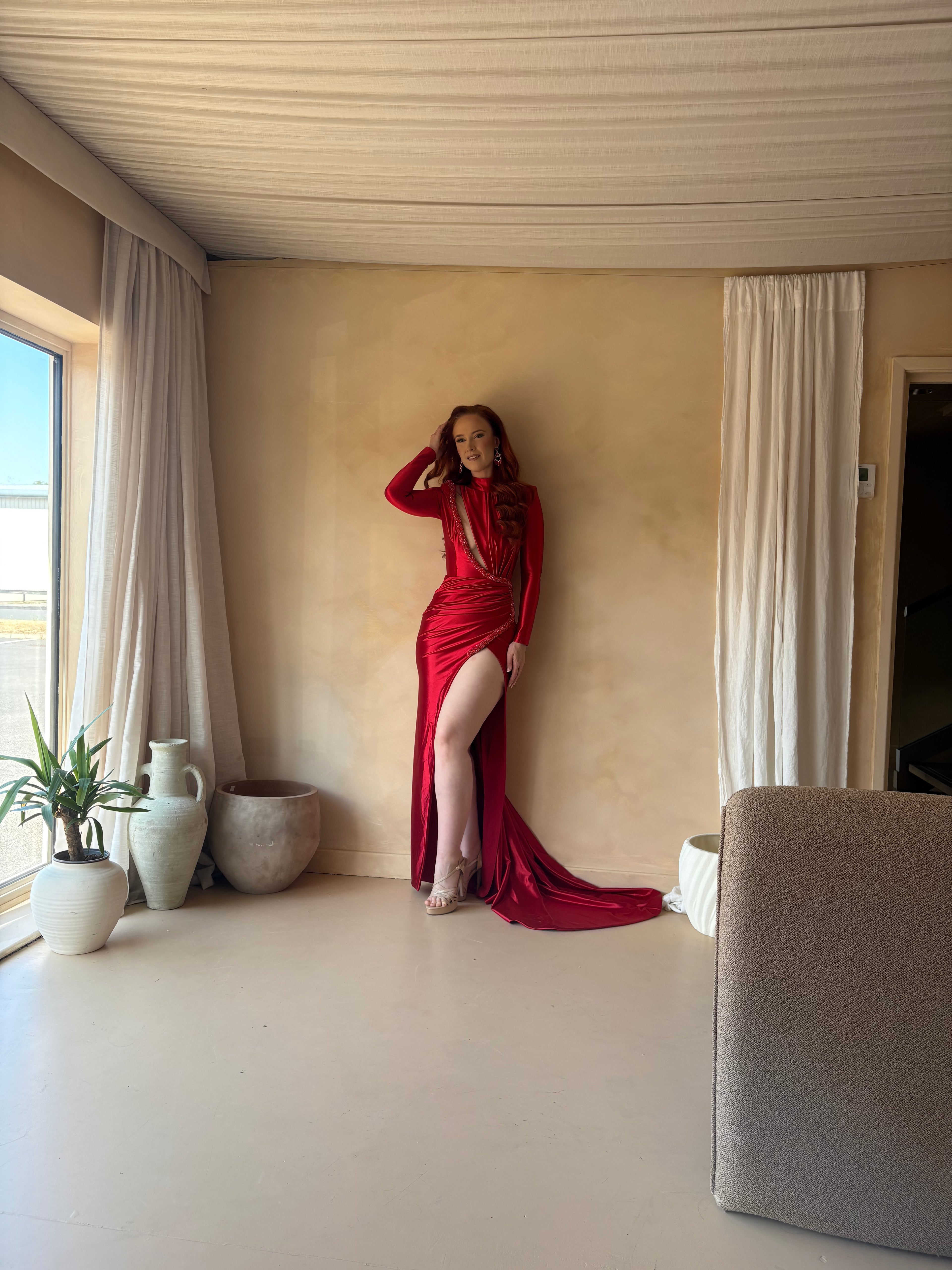 Albina Dyla Red Half High Neck Dress
