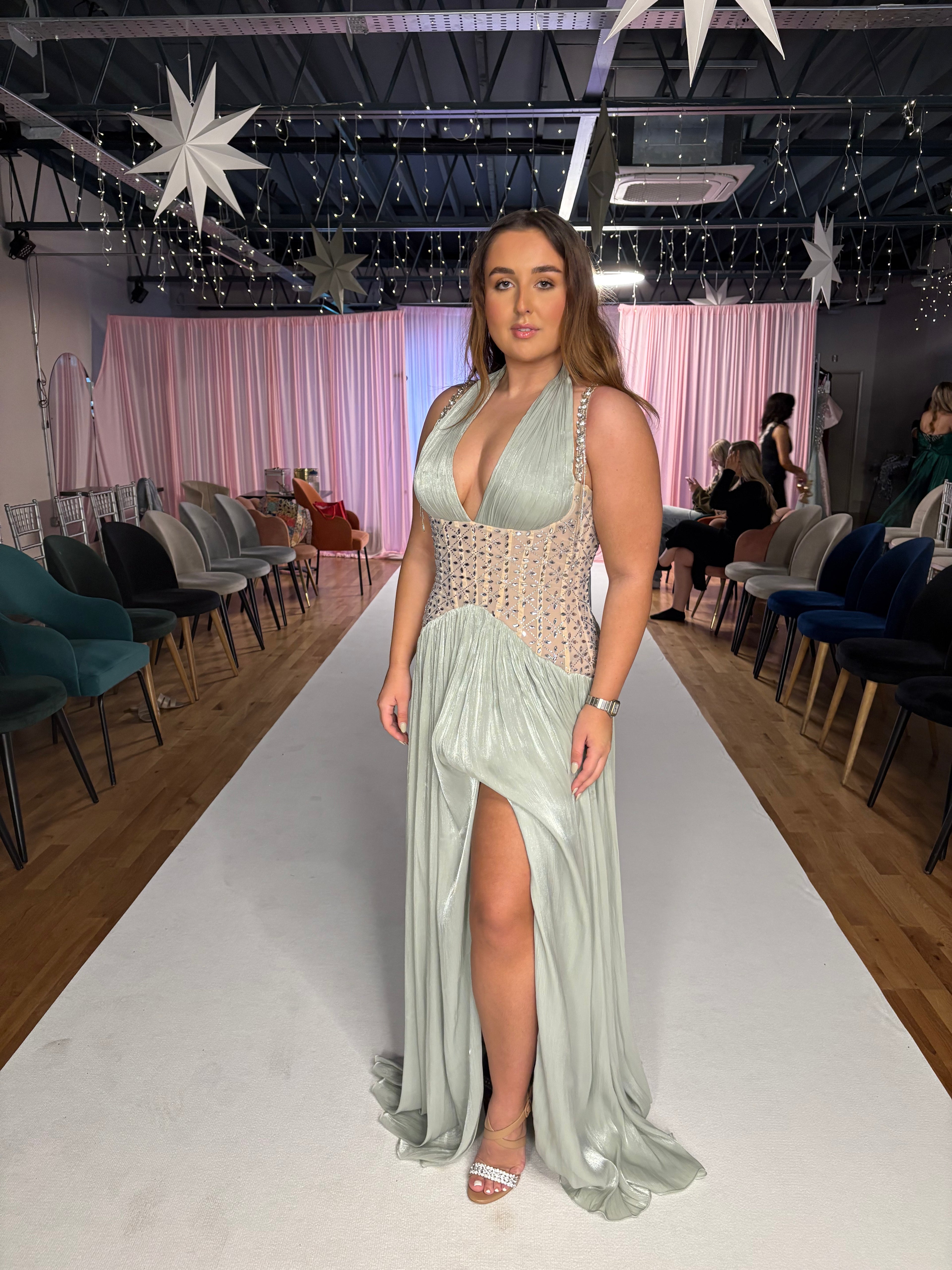 Gwenaelle Green Rhinestone Panel Maxi Dress